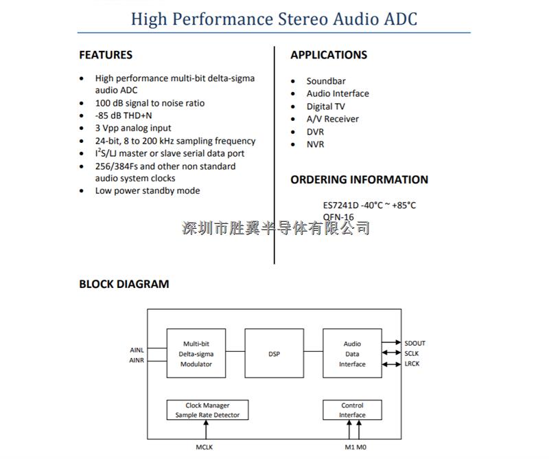 ES7241 高性能立体声单路音频ADC 24Bit 85dB 200kHZ音频-ES7241尽在买卖IC网