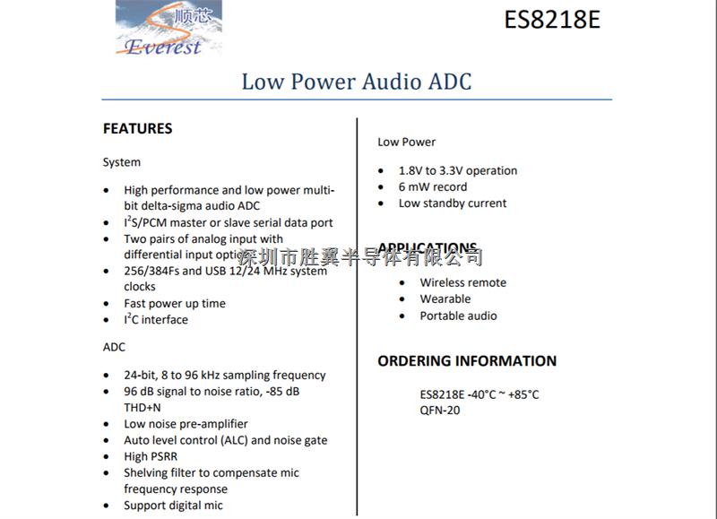 ES8218E低功耗24位可直接接麦克风ADC芯片-ES8218E尽在买卖IC网